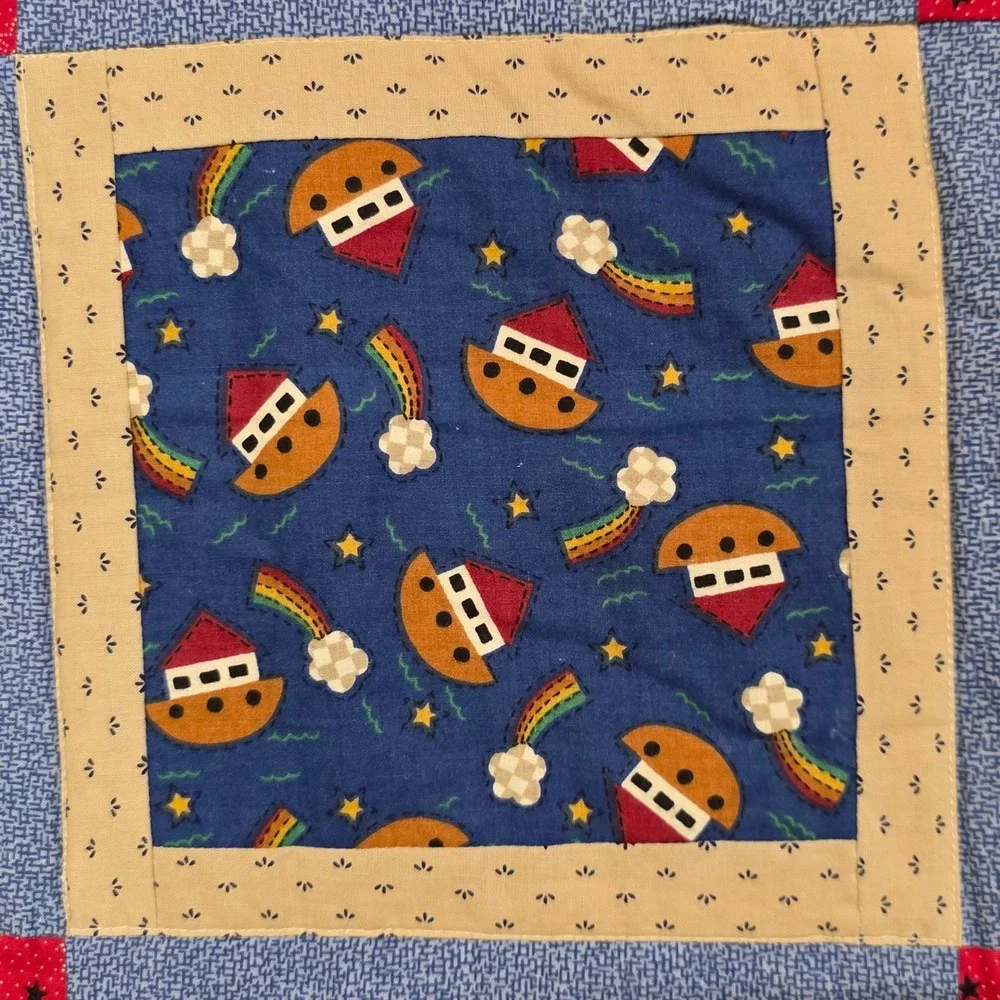 Handmade Noahs Ark Baby Quilt Red Blue Star Patchwork Rainbow Nursery Blanket